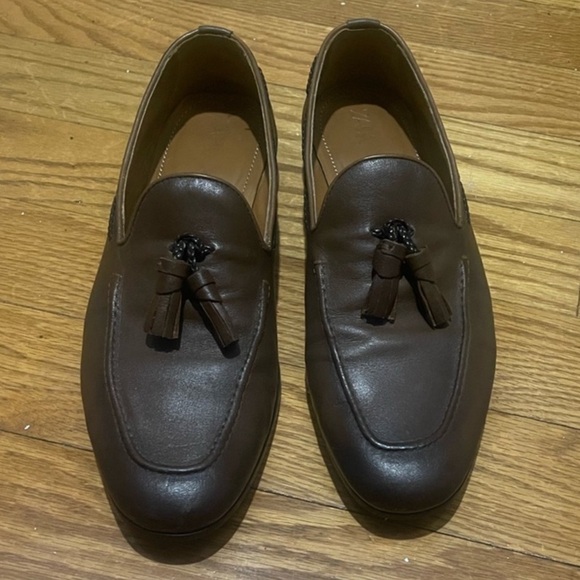 Zara Men’s Brown Leather Tassel Loafers Sz 43 main image 9